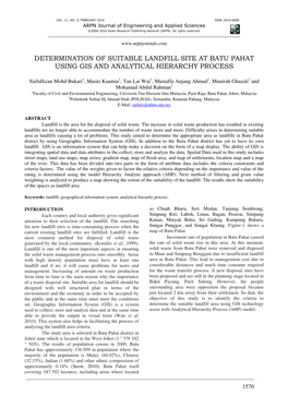 Determination of Suitable Landfill Site at Batu Pahat Using Gis and Analytical Hierarchy Process