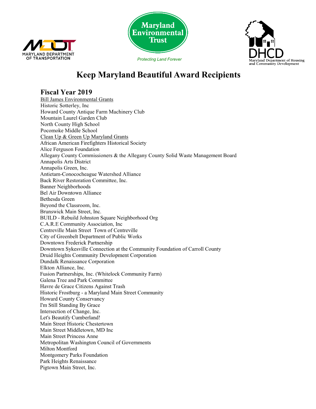 Keep Maryland Beautiful Award Recipients