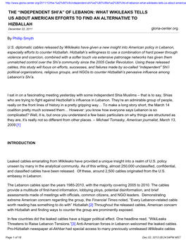 OF LEBANON: WHAT WIKILEAKS TELLS US ABOUT AMERICAN EFFORTS to FIND an ALTERNATIVE to HIZBALLAH December 22, 2011 Gloria-Center.Org