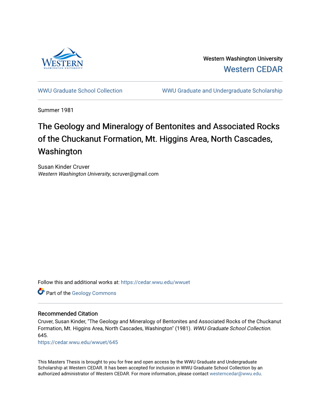 The Geology and Mineralogy of Bentonites and Associated Rocks of the Chuckanut Formation, Mt