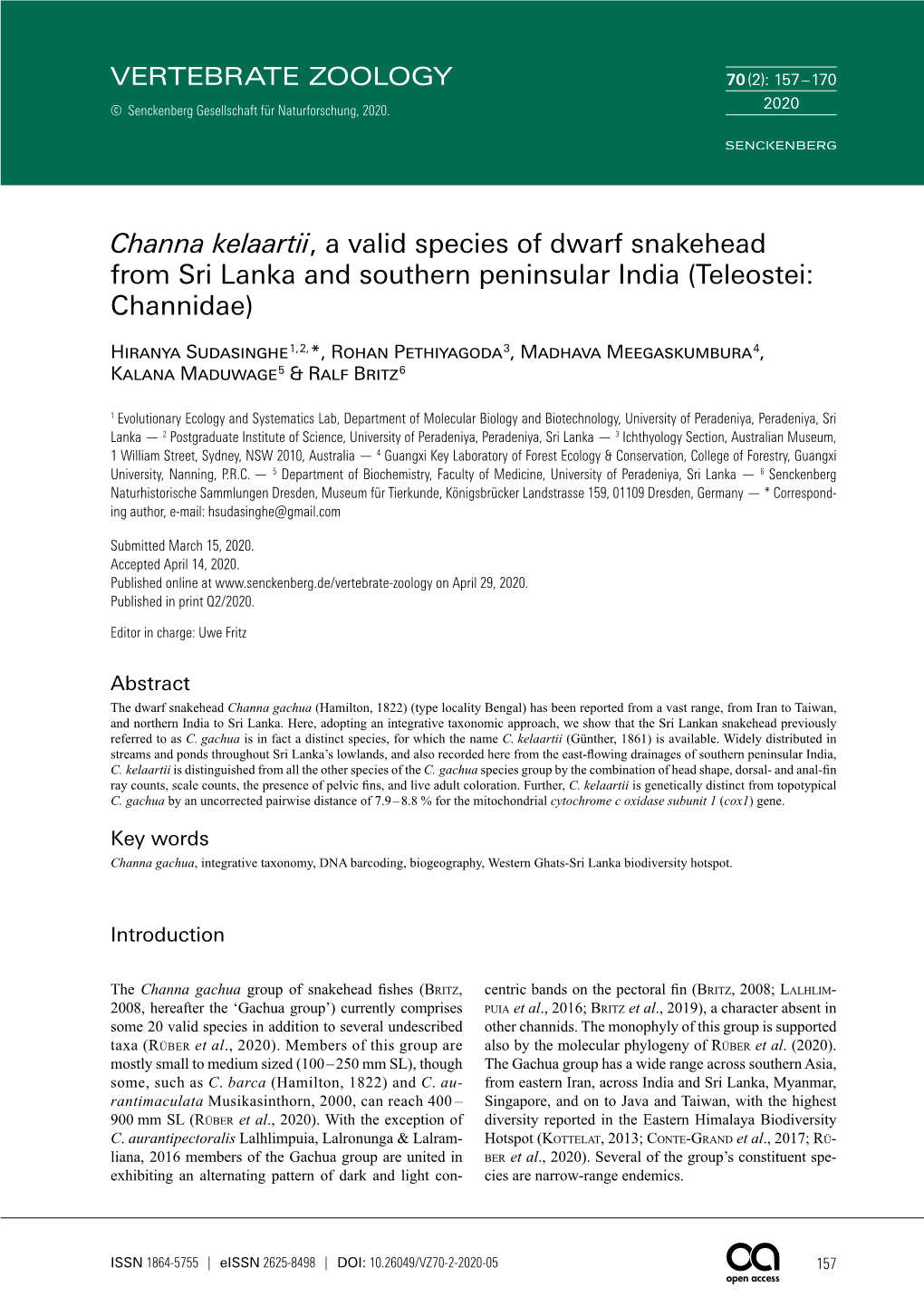 Channa Kelaartii, a Valid Species of Dwarf Snakehead from Sri Lanka and Southern Peninsular India (Teleostei: Channidae)