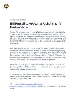 Bill Russell to Appear at Rich Altman's Boston Show