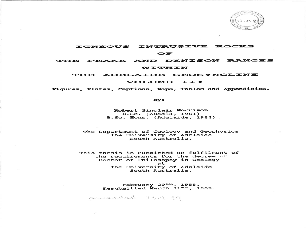 Igneous Intrusive Rocks of the Peake and Denison Ranges Within the Adelaide Geosyncline