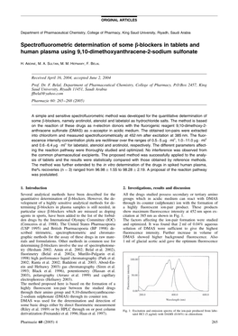 Spectrofluorometric Determination of Some Β-Blockers in Tablets And