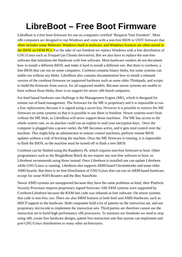 Libreboot – Free Boot Firmware Libreboot Is a Free Boot Firmware for Use on Computers Certified "Respects Your Freedom"