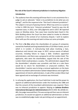 The Role of the Court's Inherent Jurisdiction in Insolvency Litigation