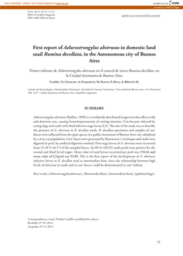 First Report of Aelurostrongylus Abstrusus in Domestic Land Snail Rumina Decollata, in the Autonomous City of Buenos Aires