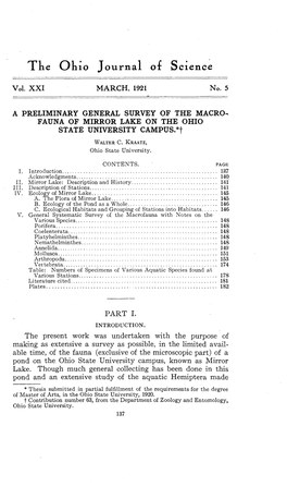 A Preliminary General Survey of the Macrofauna of Mirror Lake on the Ohio State University Campus