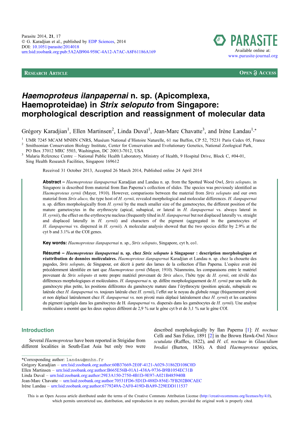 Haemoproteus Ilanpapernai N. Sp. \(Apicomplexa, Haemoproteidae