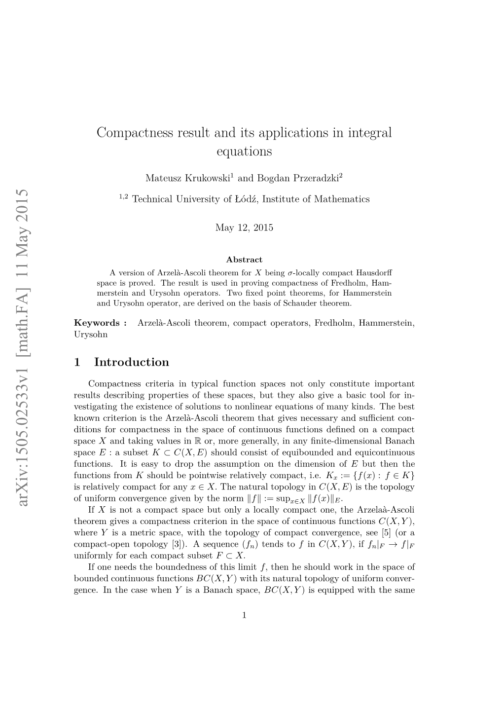 Compactness Result and Its Applications in Integral Equations