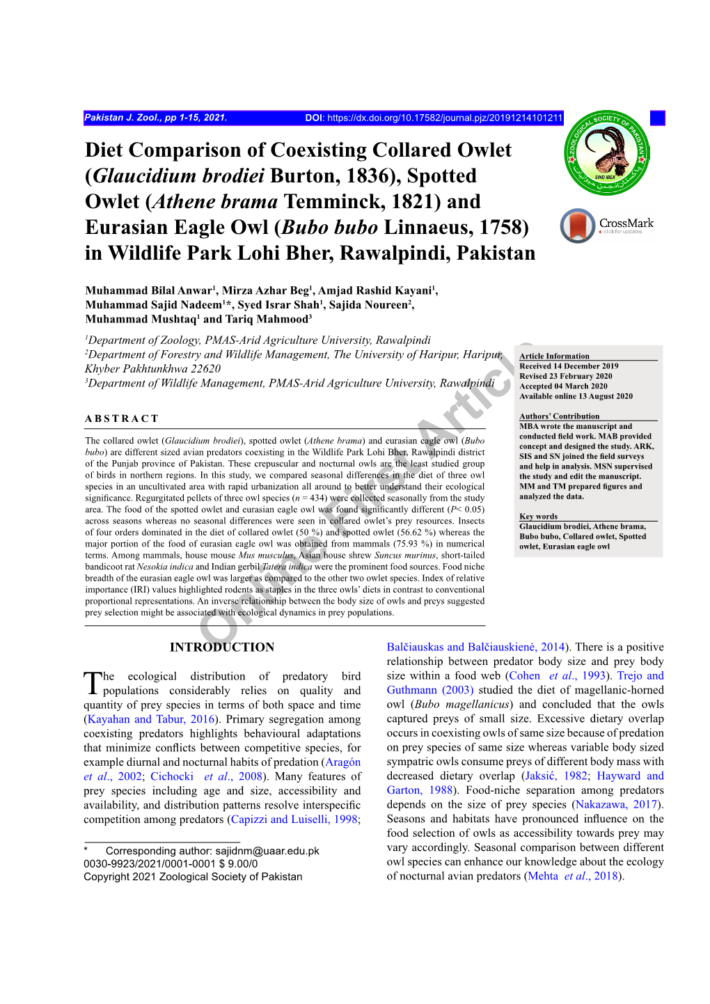 Diet Comparison of Coexisting Collared Owlet (Glaucidium Brodiei