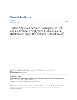 Distinction Between Assumption of Risk and Contributory Negligence: Host and Guest Relationship (Page 182 Includes Editorial Board)