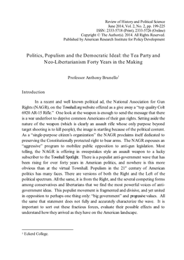 Politics, Populism and the Democratic Ideal: the Tea Party and Neo-Libertarianism Forty Years in the Making