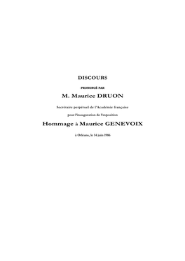 M. Maurice DRUON Hommage À Maurice GENEVOIX