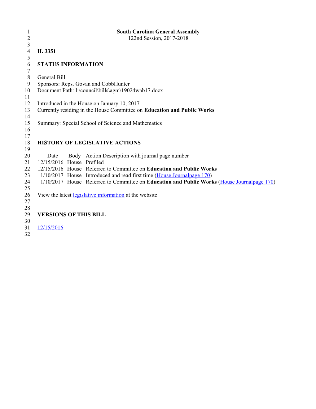 2017-2018 Bill 3351: Special School of Science and Mathematics - South Carolina Legislature