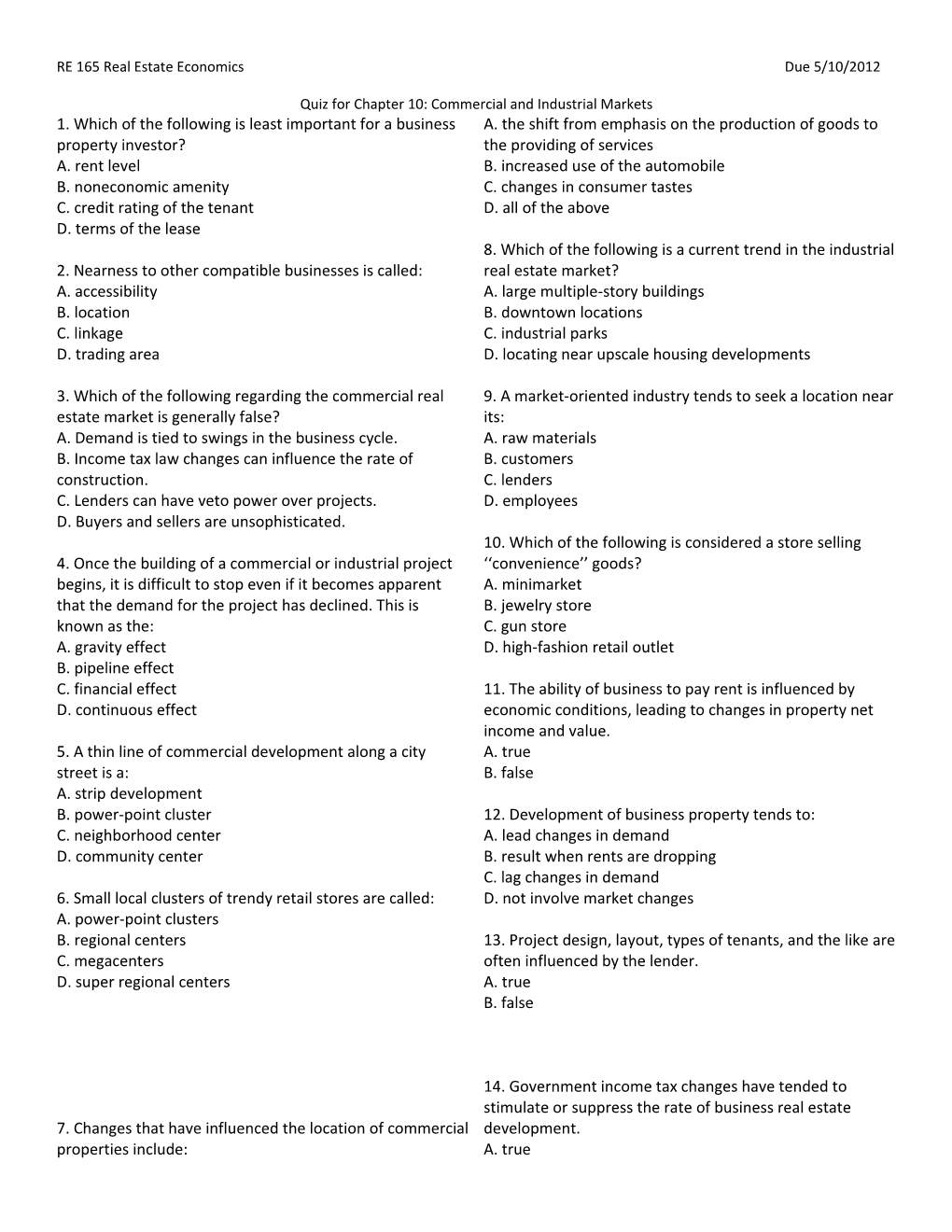 RE 165 Real Estate Economics Due 5/10/2012