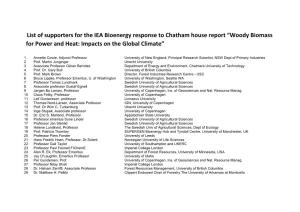 List of Supporters for the IEA Bioenergy Response to Chatham House Report “Woody Biomass for Power and Heat: Impacts on the Global Climate”
