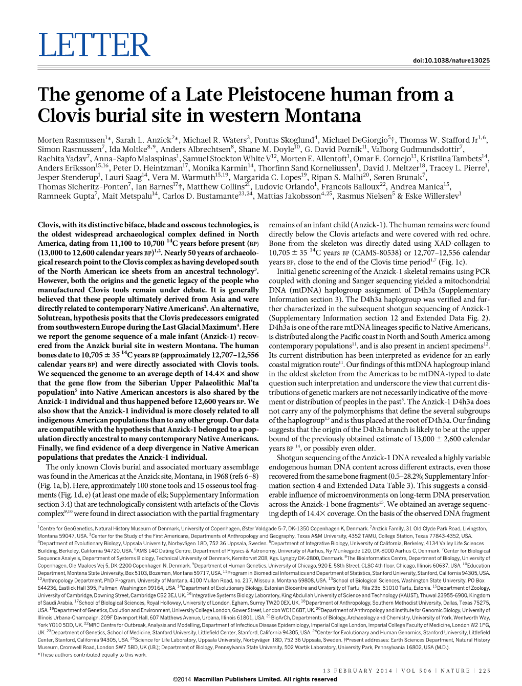 The Genome of a Late Pleistocene Human from a Clovis Burial Site in Western Montana