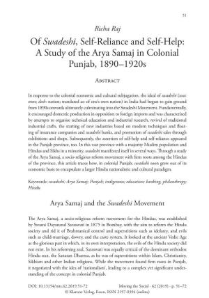 Of Swadeshi, Self-Reliance and Self-Help: a Study of the Arya Samaj in Colonial Punjab, 1890 –1920S