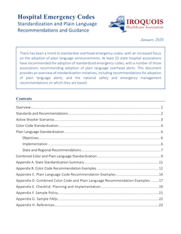 Hospital Emergency Codes Standardization and Plain Language Recommendations and Guidance