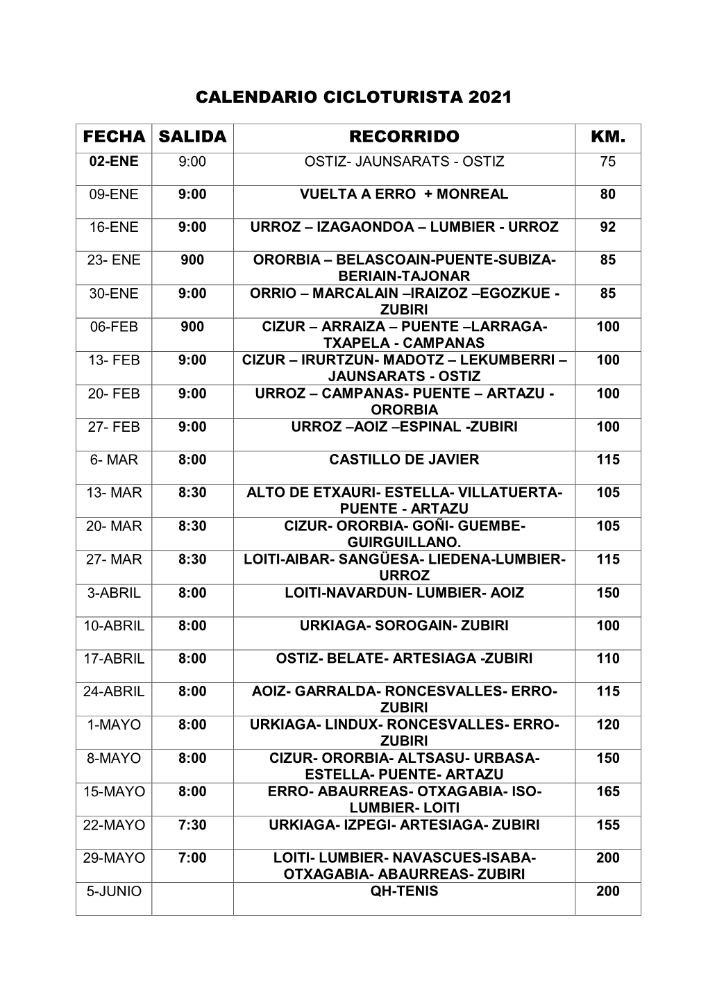 Calendario Cicloturista 2021 Fecha Salida Recorrido