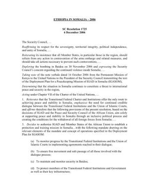 ETHIOPIA in SOMALIA – 2006 SC Resolution 1725 6 December 2006