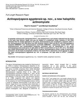 Actinopolyspora Egyptensis Sp. Nov., a New Halophilic Actinomycete