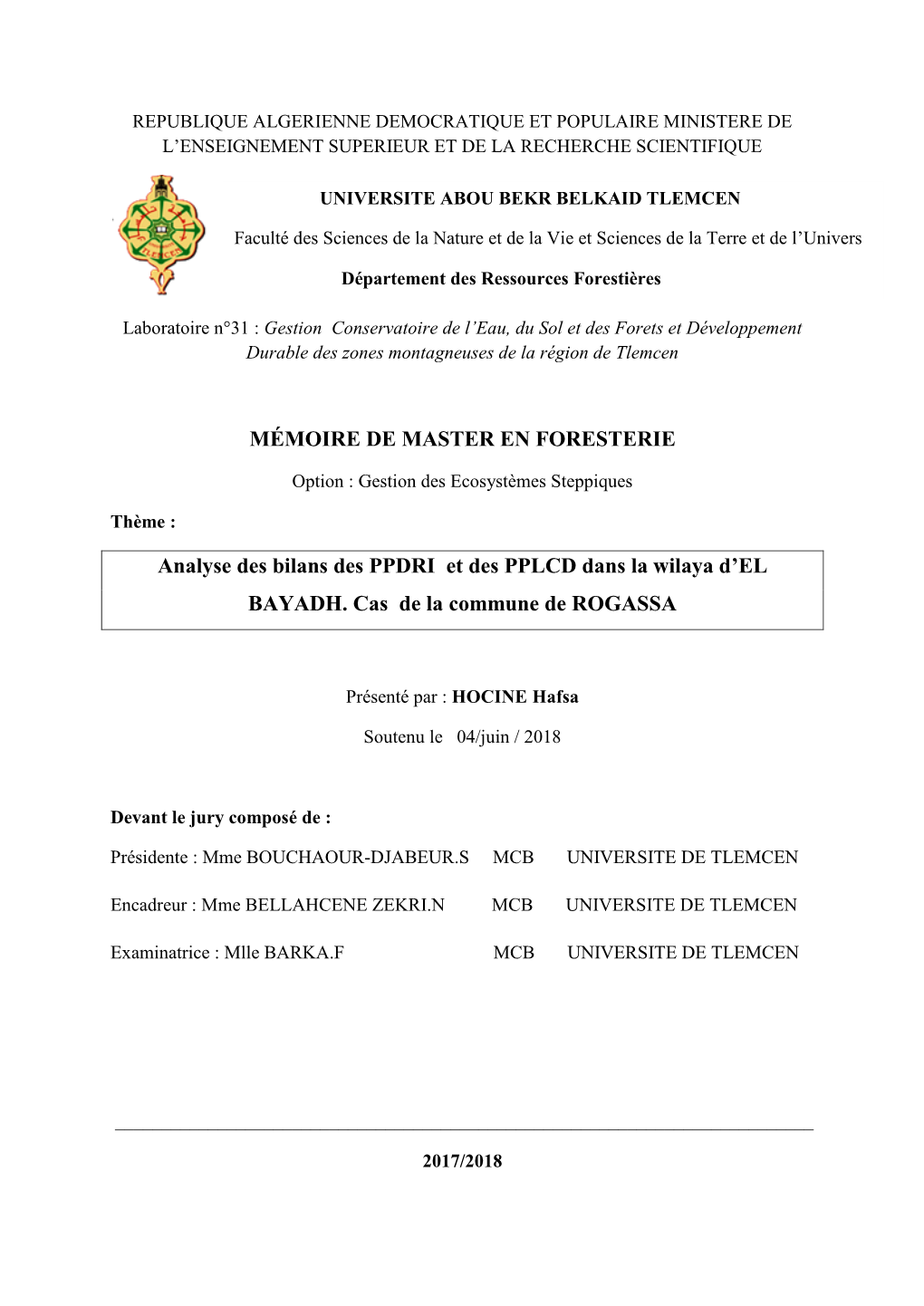 MÉMOIRE DE MASTER EN FORESTERIE Analyse Des Bilans