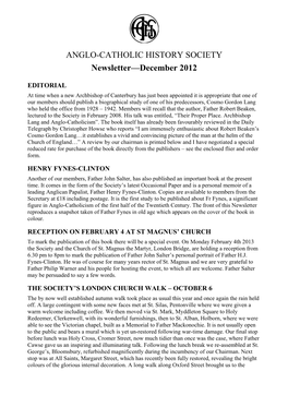 ANGLO-CATHOLIC HISTORY SOCIETY Newsletter—December 2012