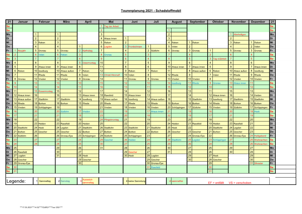 Tourenplanung 2021 - Schadstoffmobil