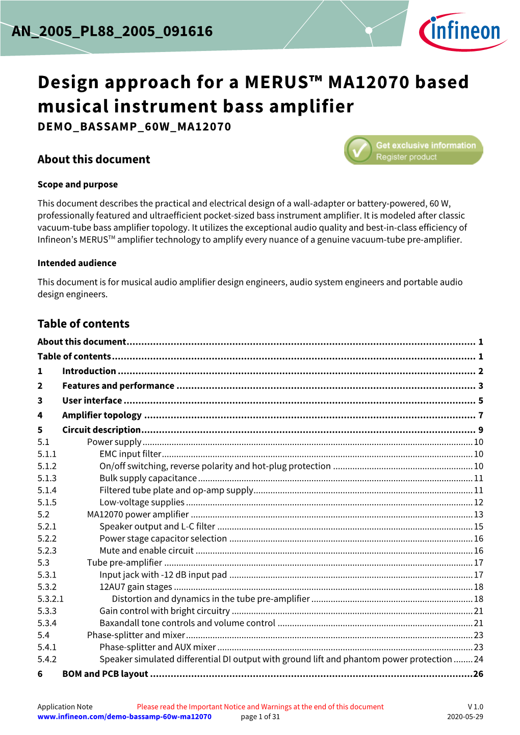 Design Approach for a MERUS™ MA12070 Based Musical Instrument Bass Amplifier DEMO BASSAMP 60W MA12070