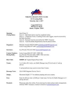 VIRGINIA REGION PONY CLUBS D-3 Eventing Rally Saturday July 1, 2017
