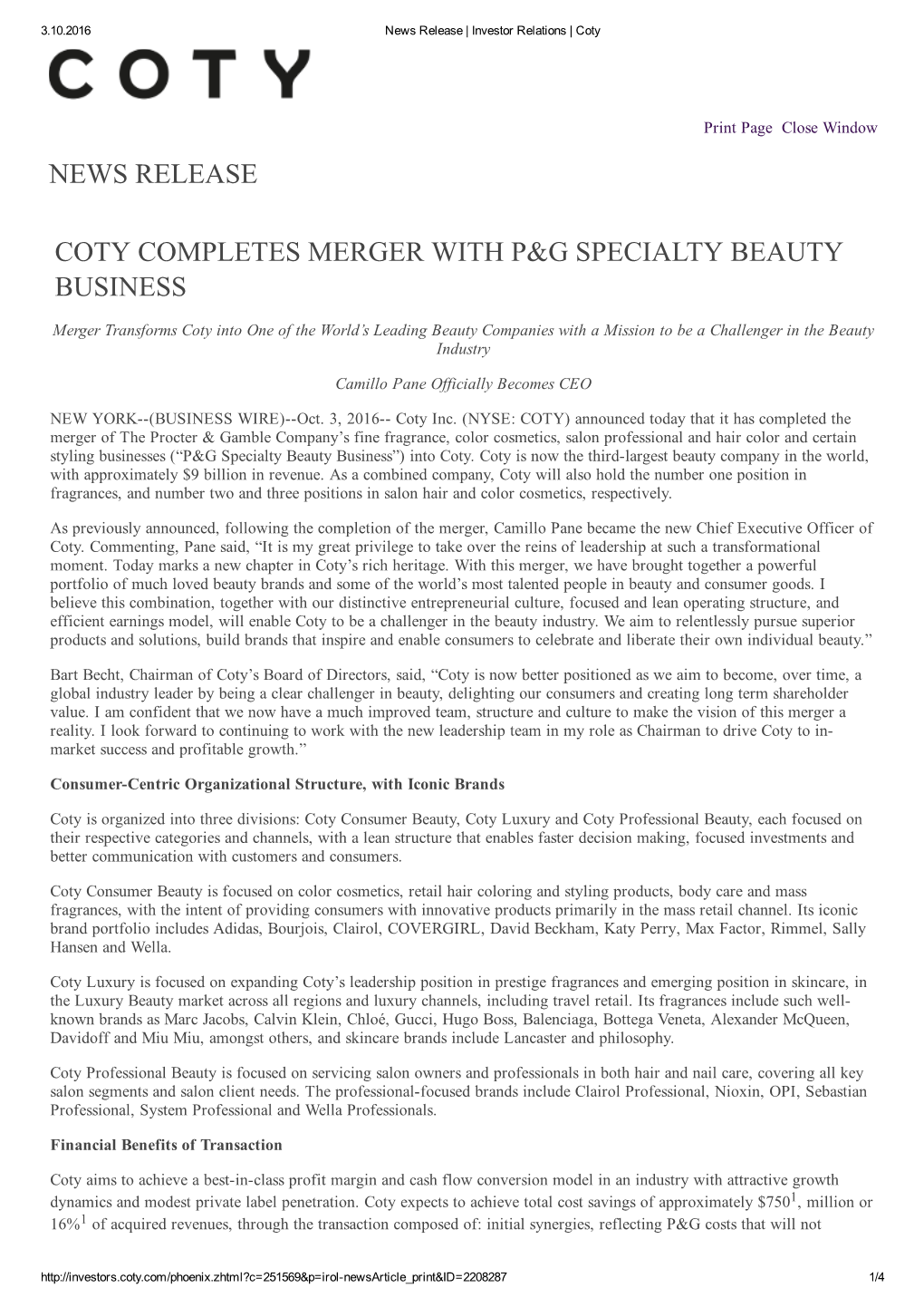 News Release Coty Completes Merger with P&G Specialty