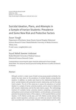 Suicidal Ideation, Plans, and Attempts in a Sample of Iranian Students: Prevalence and Some New Risk and Protective Factors