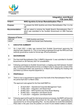 Integration Joint Board 17Th June 2021 NHS Ayrshire & Arran Remobilisation Plan 3