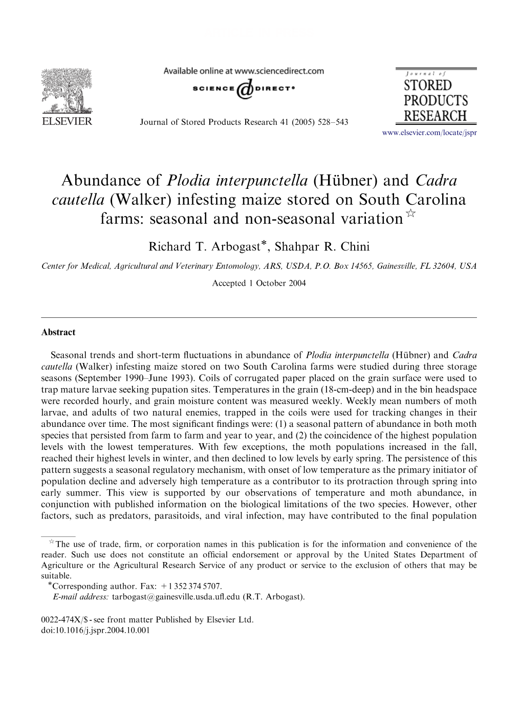 And Cadra Cautella (Walker) Infesting Maize Stored on South Carolina Farms: Seasonal and Non-Seasonal Variation$