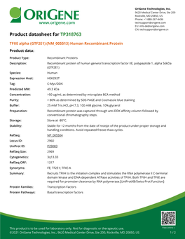 TFIIE Alpha (GTF2E1) (NM 005513) Human Recombinant Protein Product Data