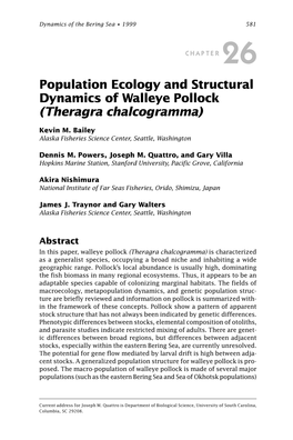 Population Ecology and Structural Dynamics of Walleye Pollock (Theragra Chalcogramma)