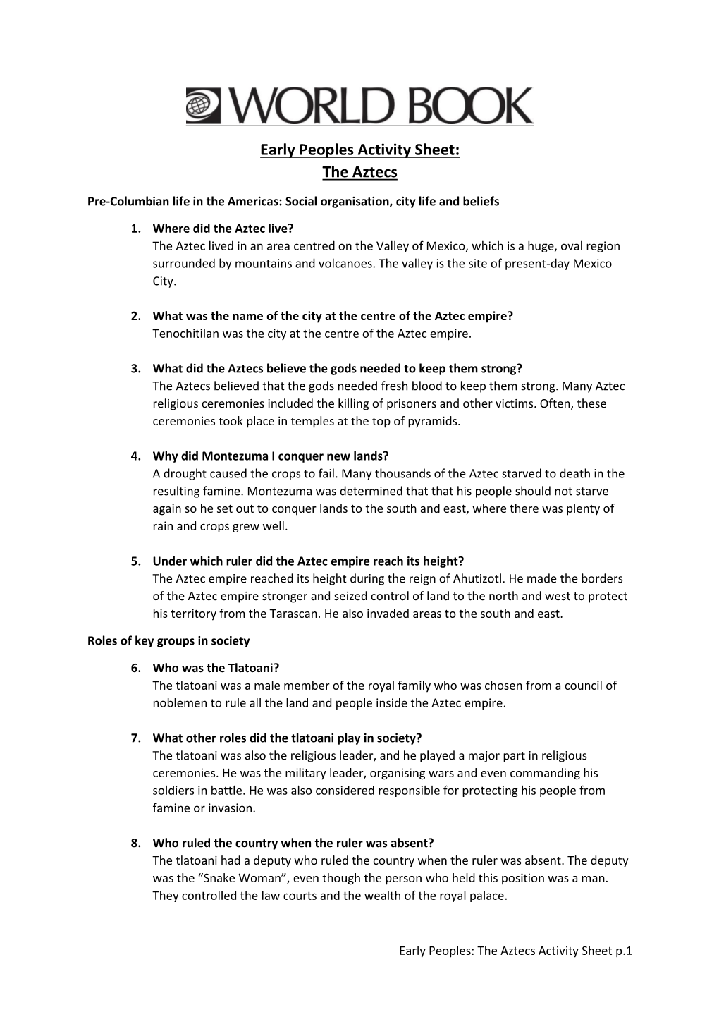 Early Peoples Activity Sheet: the Aztecs