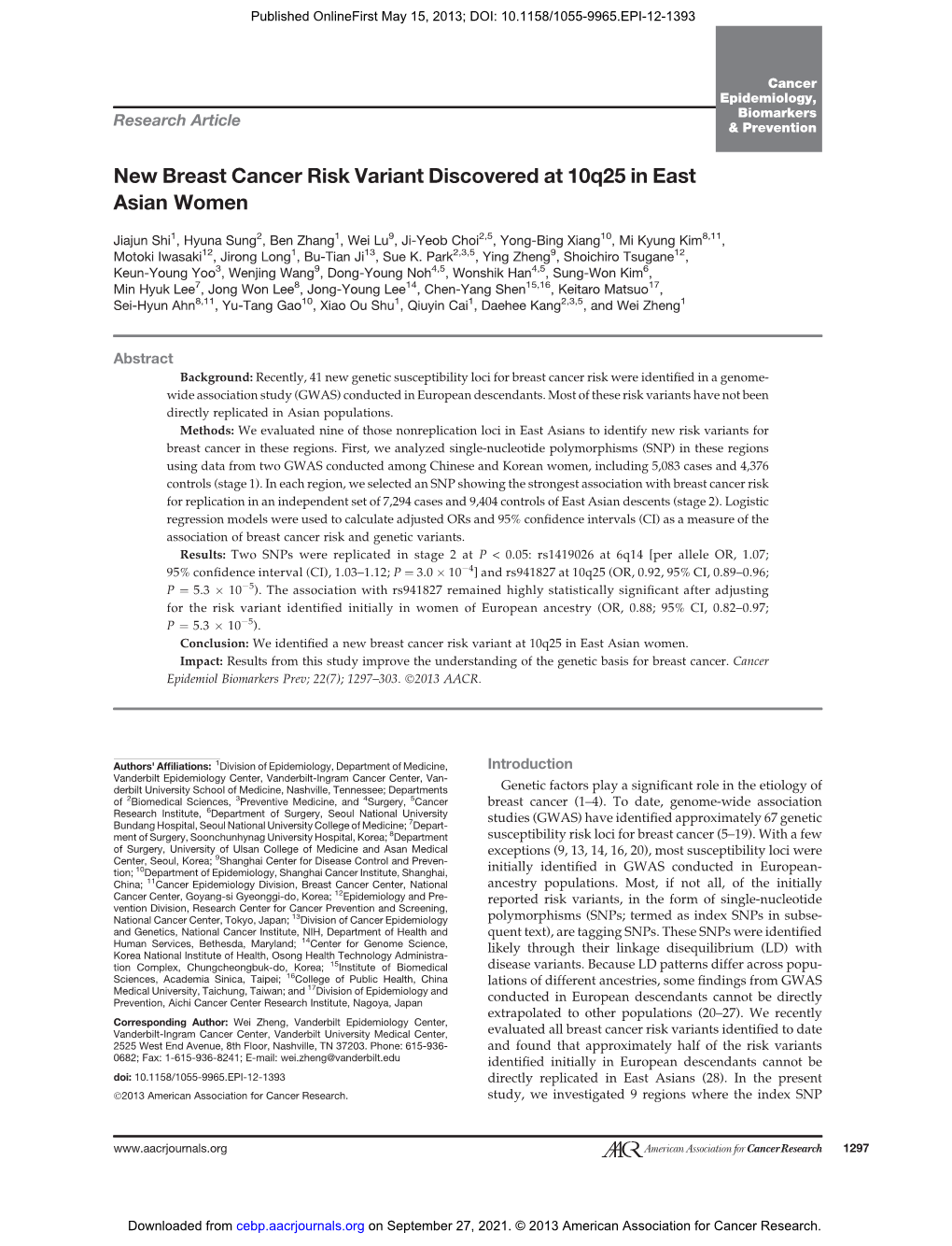 New Breast Cancer Risk Variant Discovered at 10Q25 in East Asian Women