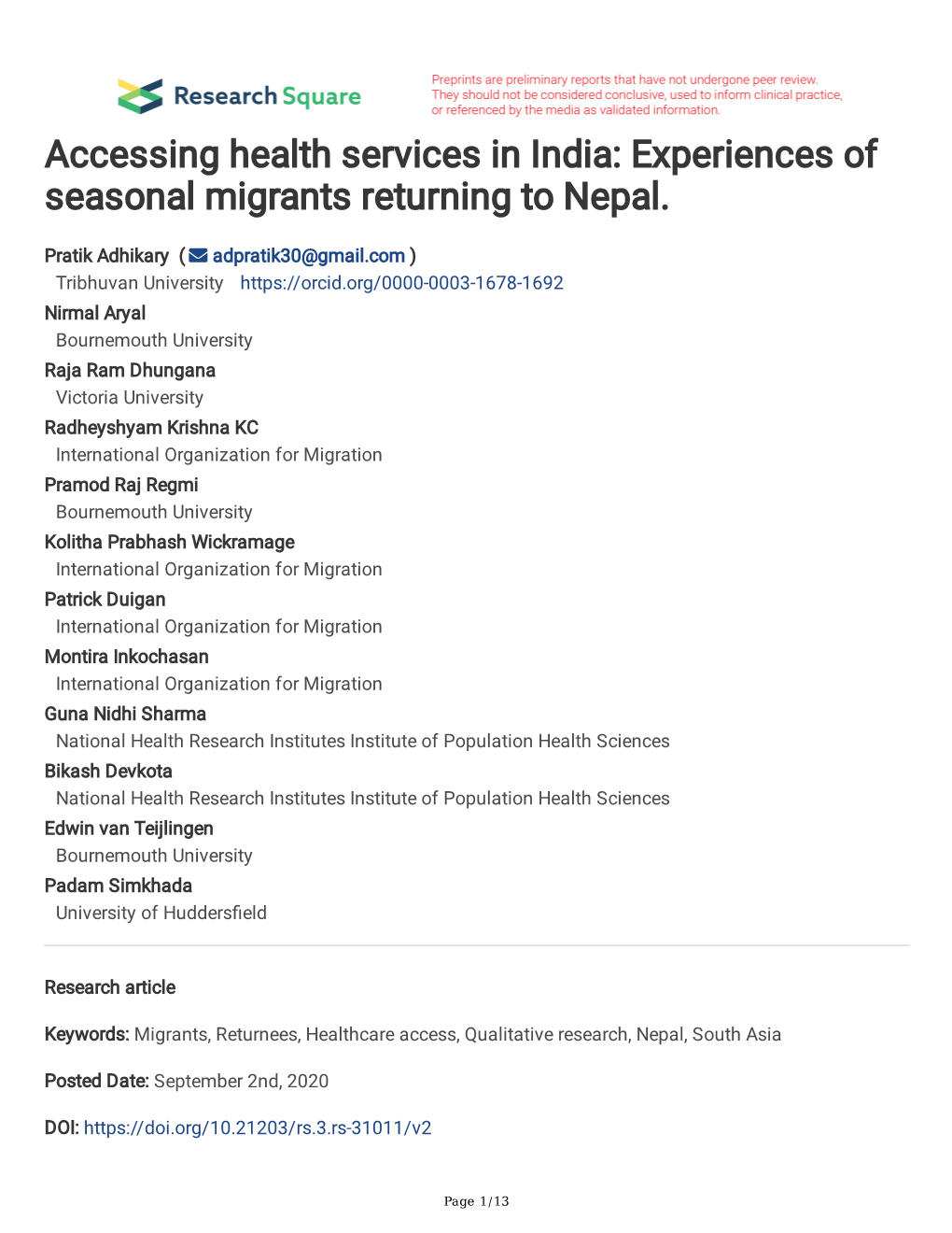 Accessing Health Services in India: Experiences of Seasonal Migrants Returning to Nepal