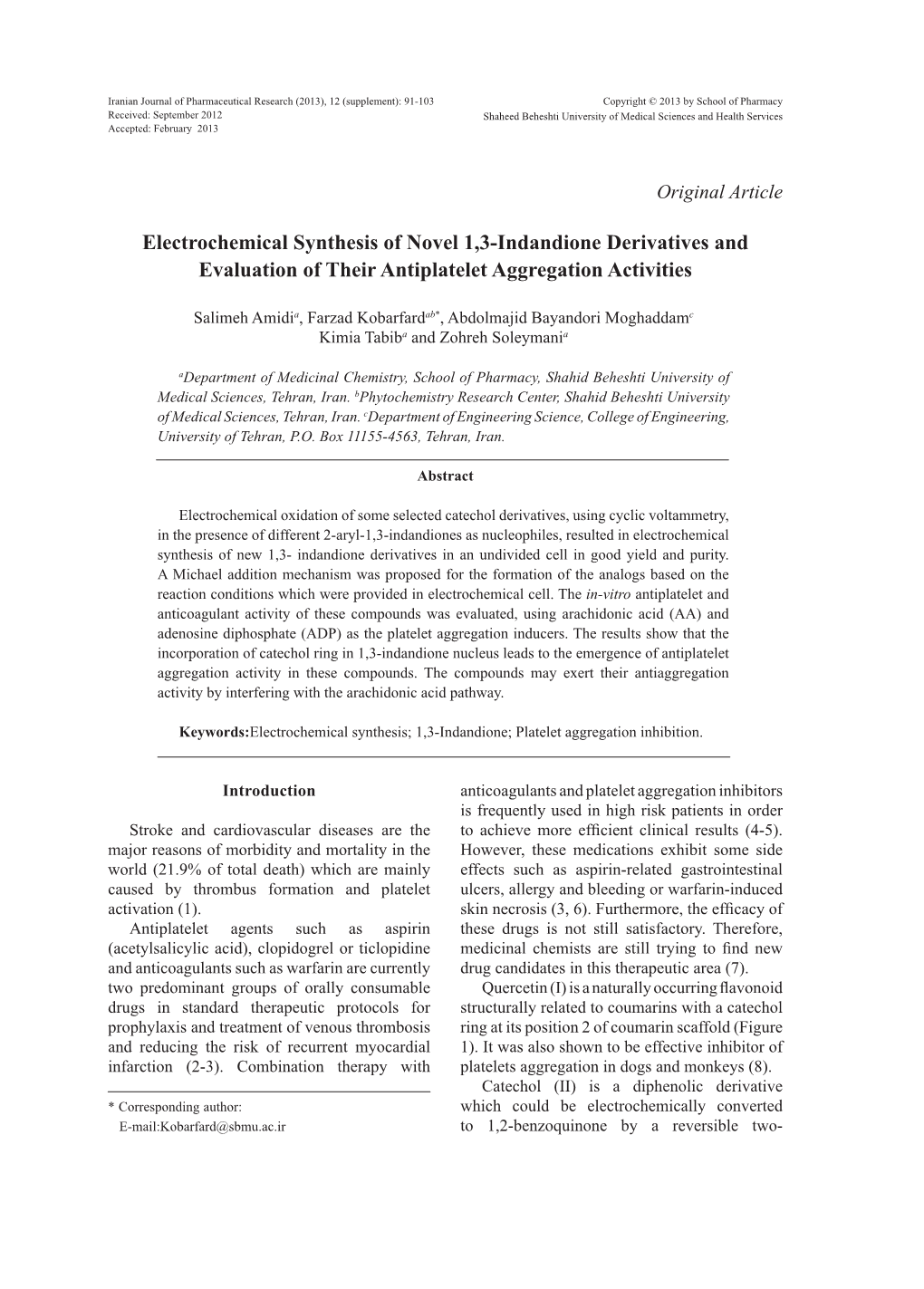 Electrochemical Synthesis of Novel 1,3-Indandione Derivatives and Evaluation of Their Antiplatelet Aggregation Activities