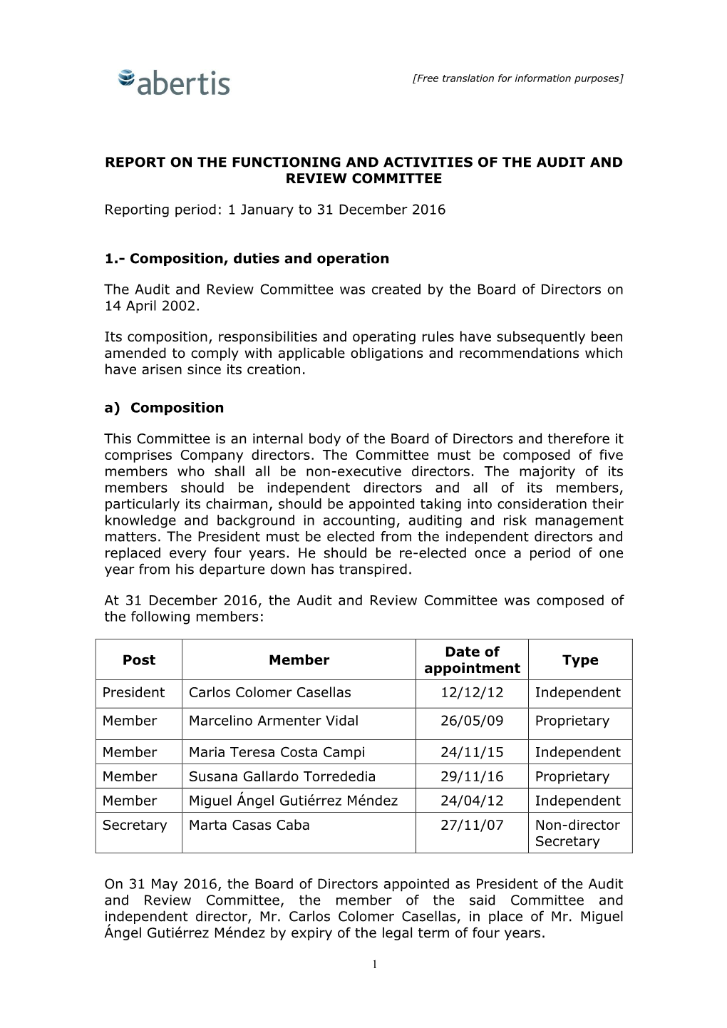 REPORT on the FUNCTIONING and ACTIVITIES of the AUDIT and REVIEW COMMITTEE Reporting Period