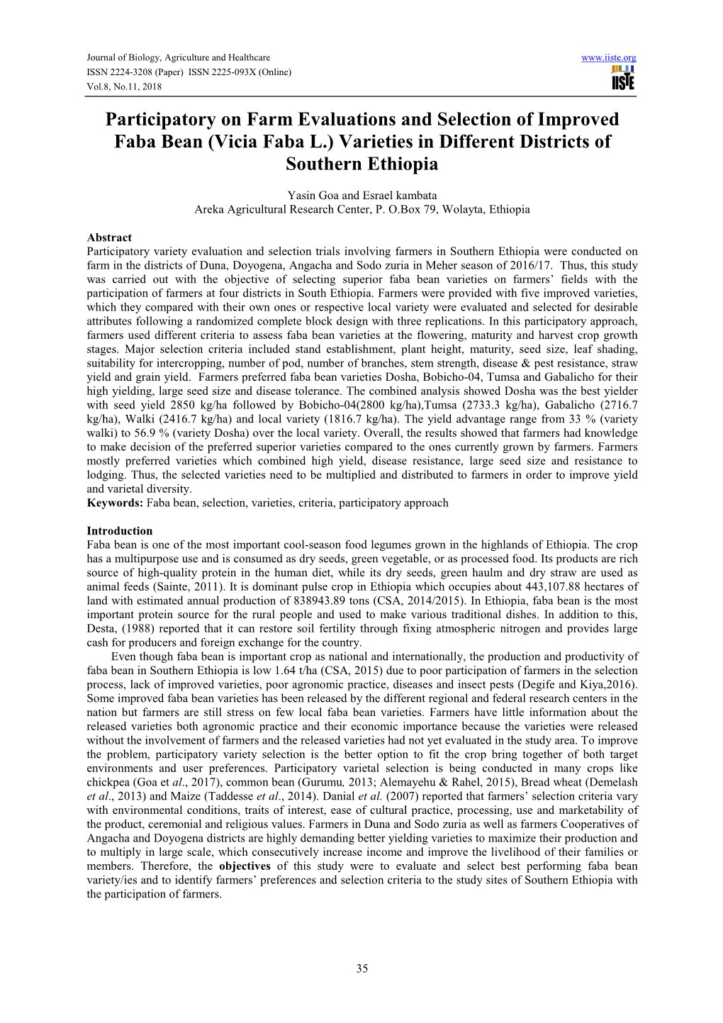 Participatory on Farm Evaluations and Selection of Improved Faba Bean (Vicia Faba L.) Varieties in Different Districts of Southern Ethiopia