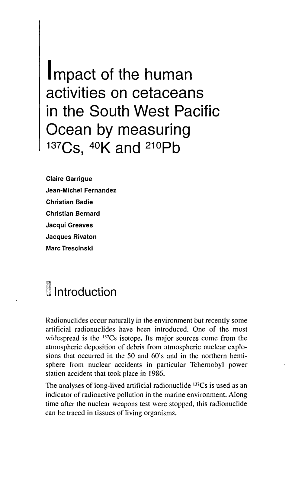 Impact of the Human Activities on Cetaceans in the South West Pacific Ocean by Measuring 1387Cs, 40K and 210Pb