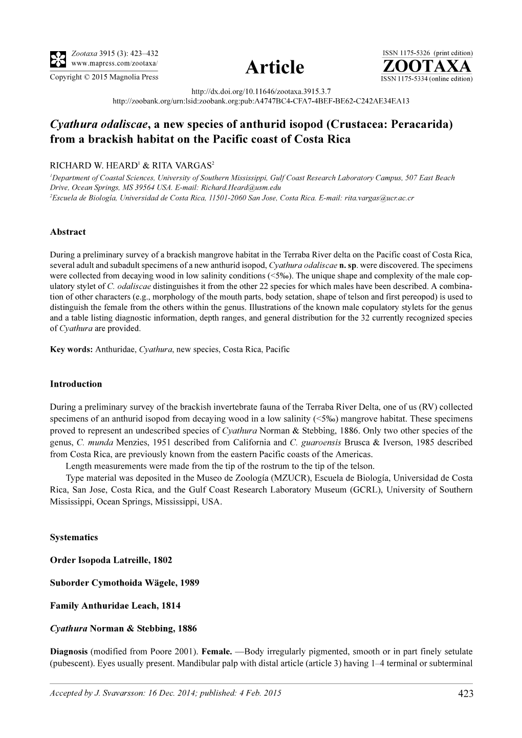 Cyathura Odaliscae, a New Species of Anthurid Isopod (Crustacea: Peracarida) from a Brackish Habitat on the Pacific Coast of Costa Rica