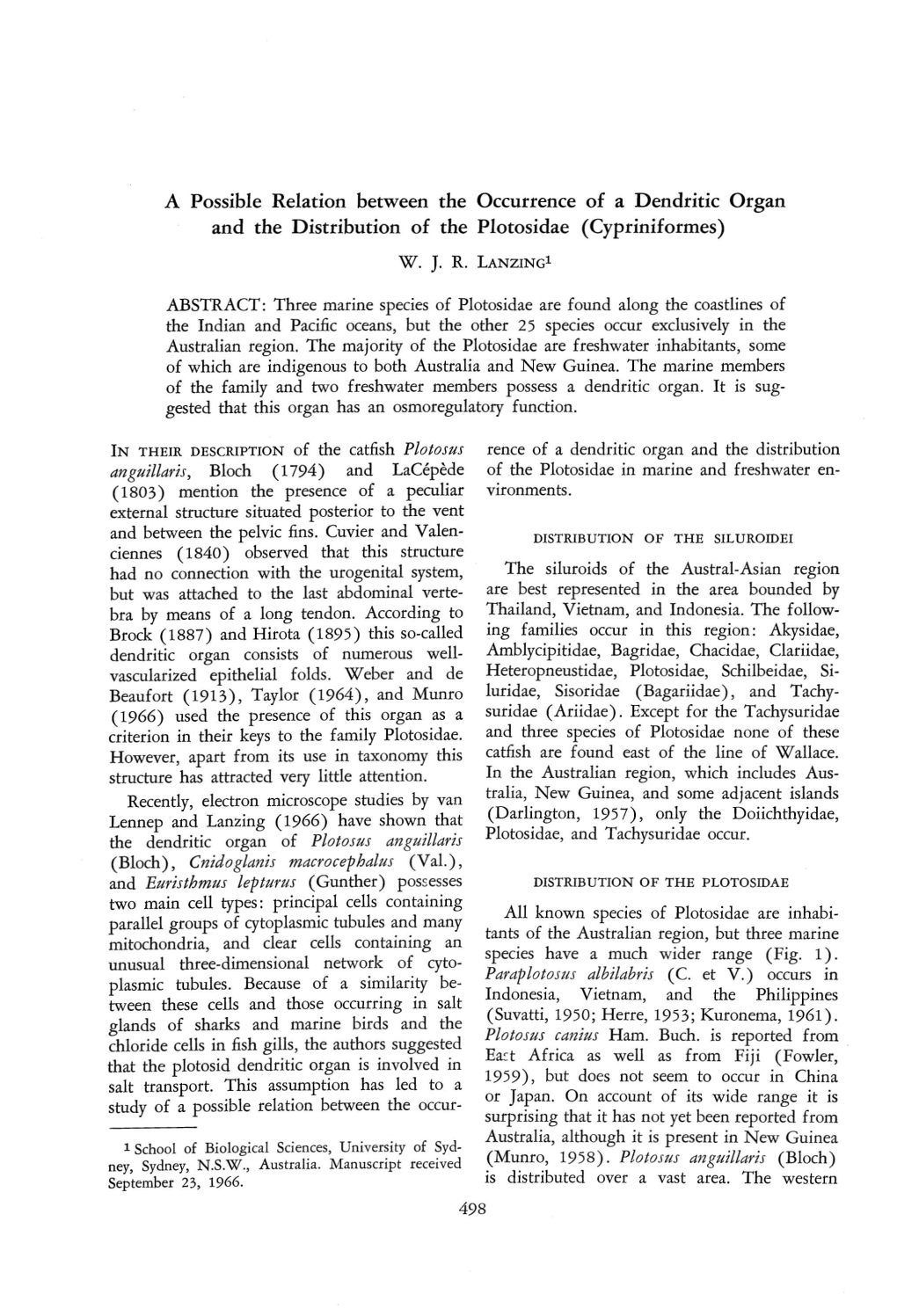 A Possible Relation Between the Occurrence of a Dendritic Organ and the Distribution of the Plotosidae (Cypriniformes)