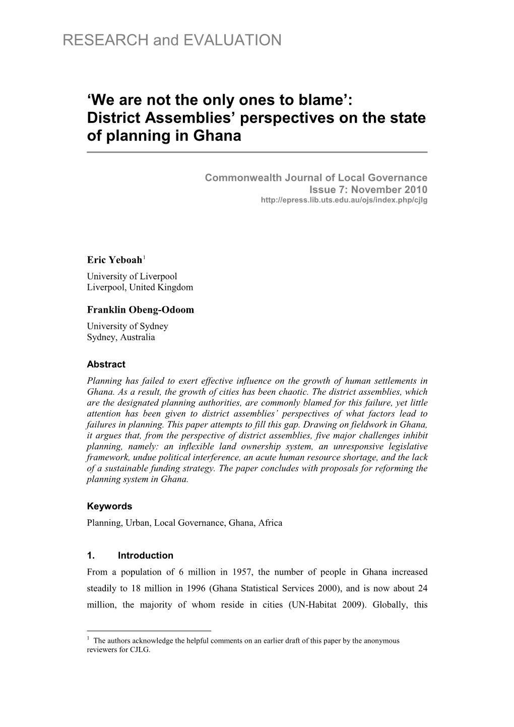 District Assemblies' Perspectives on the State of Planning I