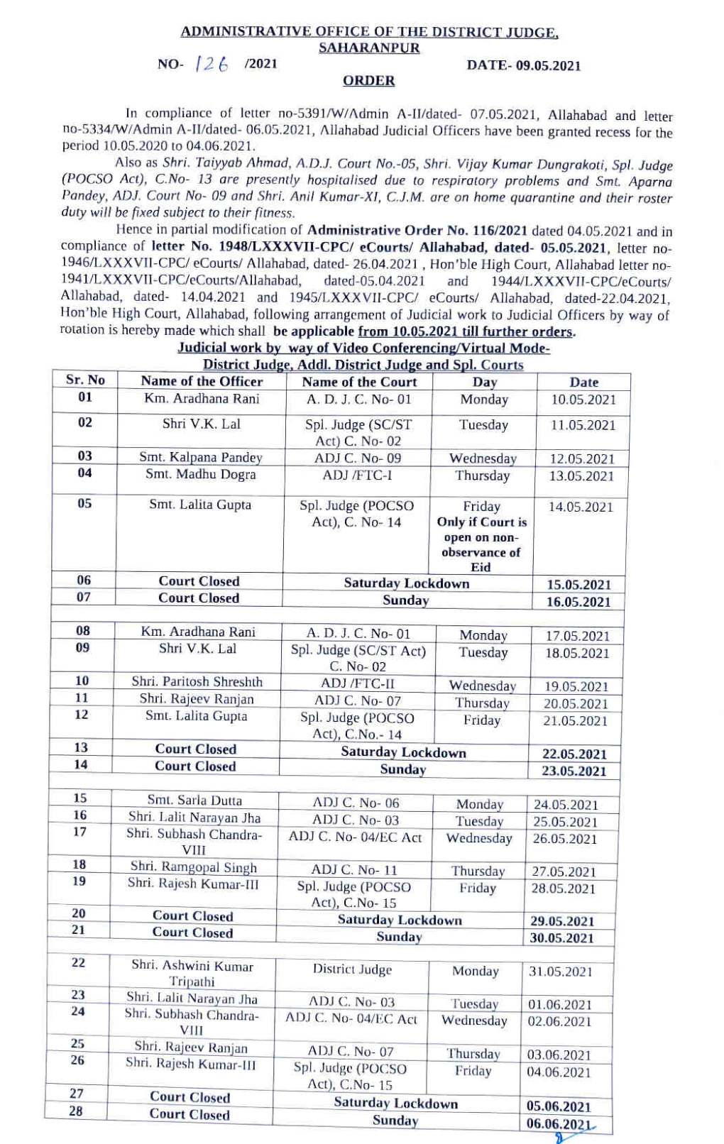 Administrative Oeeice of the District Judge Saharanpur No- 2 6 /2021 Date-09.05.2021 Order