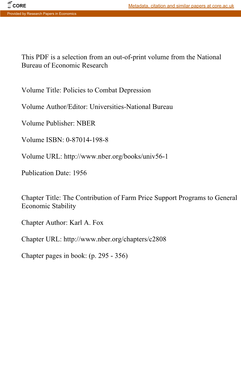 The Contribution of Farm Price Support Programs to General Economic Stability